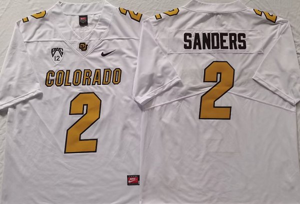 Men's Colorado Buffaloes #2 Shedeur Sanders White With PAC-12 Patch Football Stitched Jersey